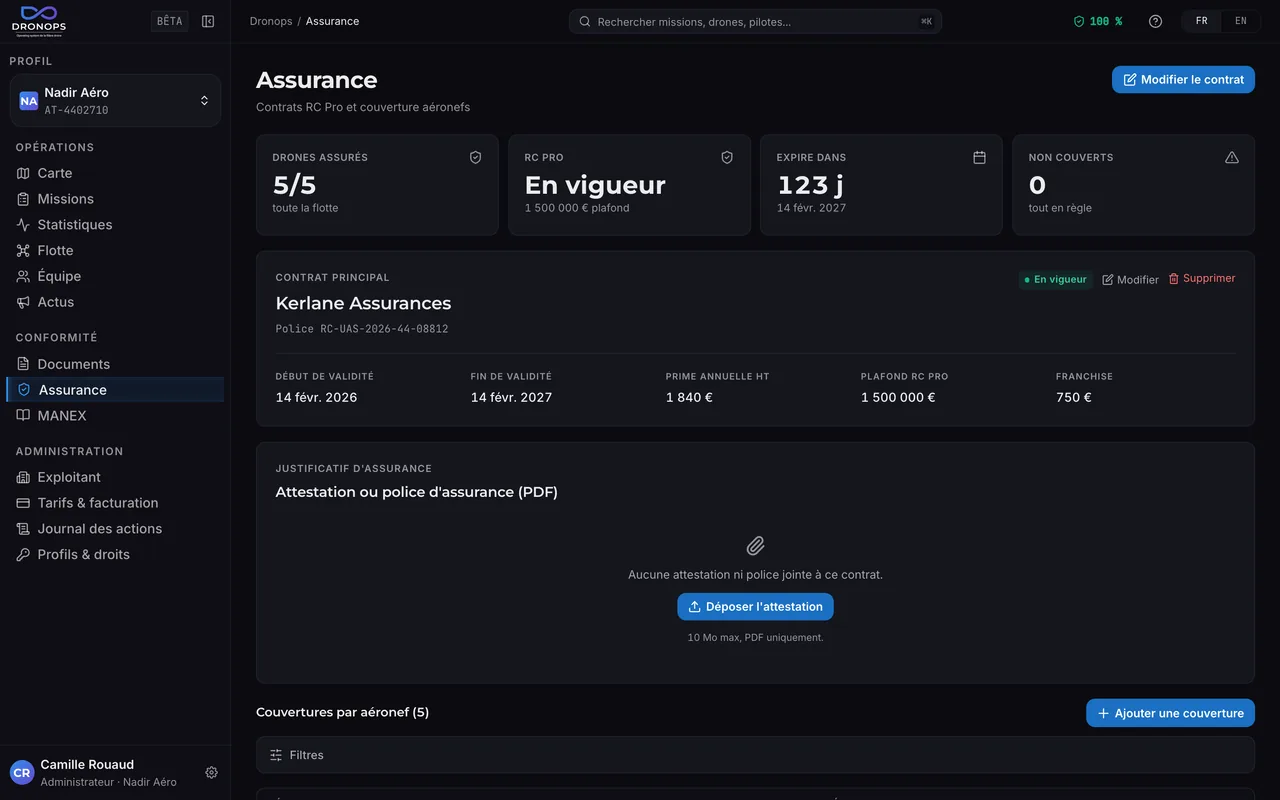 Écran Assurance de Dronops : contrat RC Pro en vigueur avec son plafond, sa franchise et sa date de fin, cinq aéronefs couverts sur cinq et aucun appareil non couvert