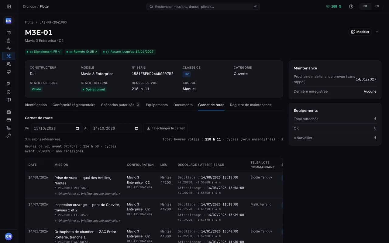 Carnet de route d'un DJI Mavic 3 Enterprise dans Dronops : ses missions avec le lieu, les heures et positions de décollage et d'atterrissage, le télépilote commandant de bord, 218 h 11 volées et 3 cycles