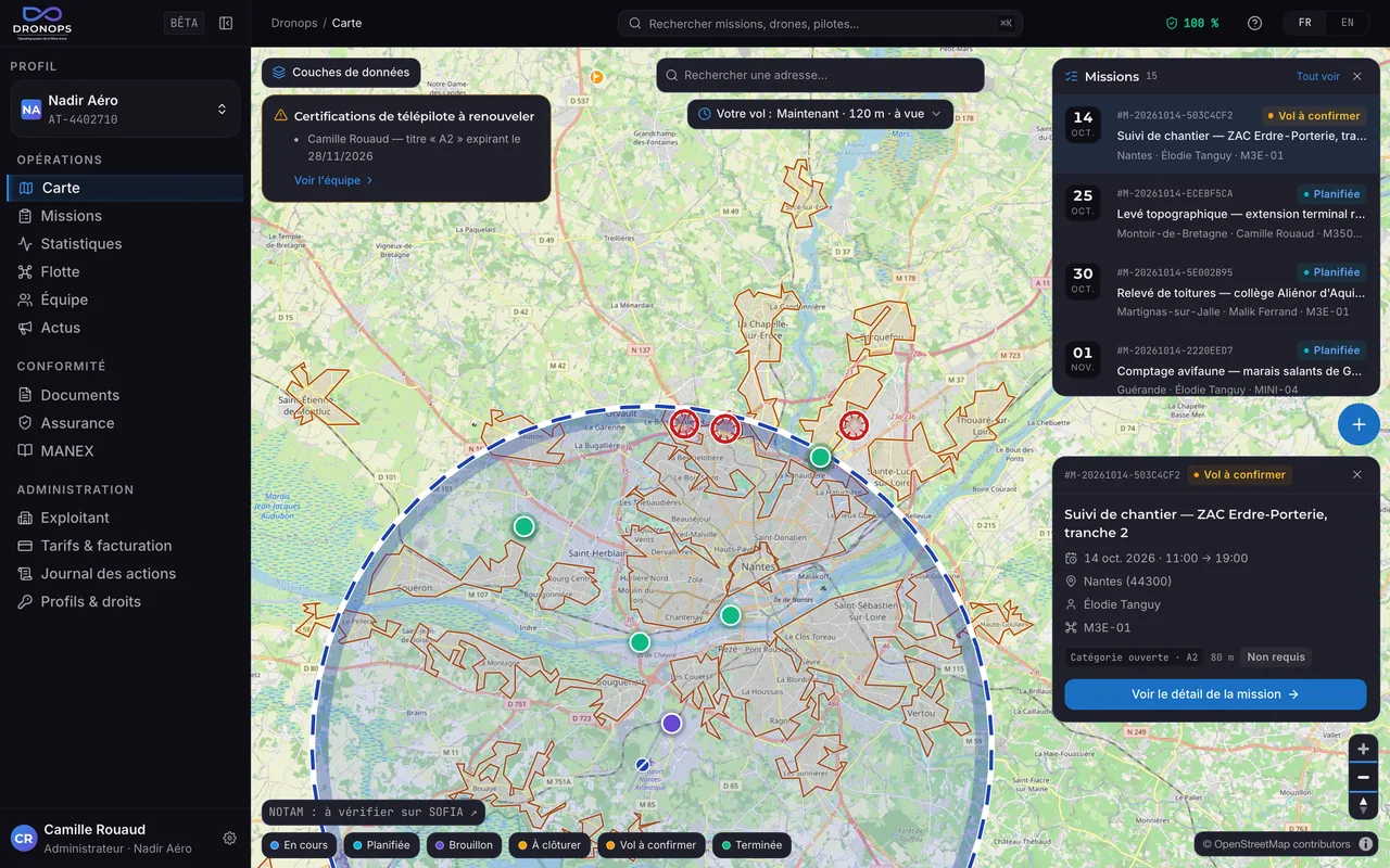 Carte des opérations Dronops autour de Nantes : la CTR de Nantes, les agglomérations et les missions de l'exploitant, la liste des missions à venir et la fiche de la mission sélectionnée — fenêtre de vol, lieu, télépilote, aéronef et hauteur maximale