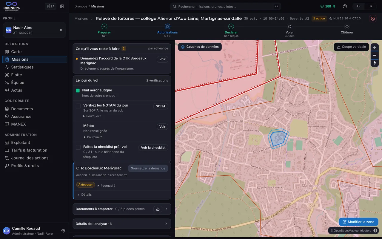 Démarches réglementaires déduites de la zone de vol d'une mission Dronops près de Bordeaux : l'accord de la CTR Bordeaux-Mérignac à demander, puis les vérifications du jour du vol — nuit aéronautique, NOTAM, météo et checklist pré-vol — à côté de la carte de la zone